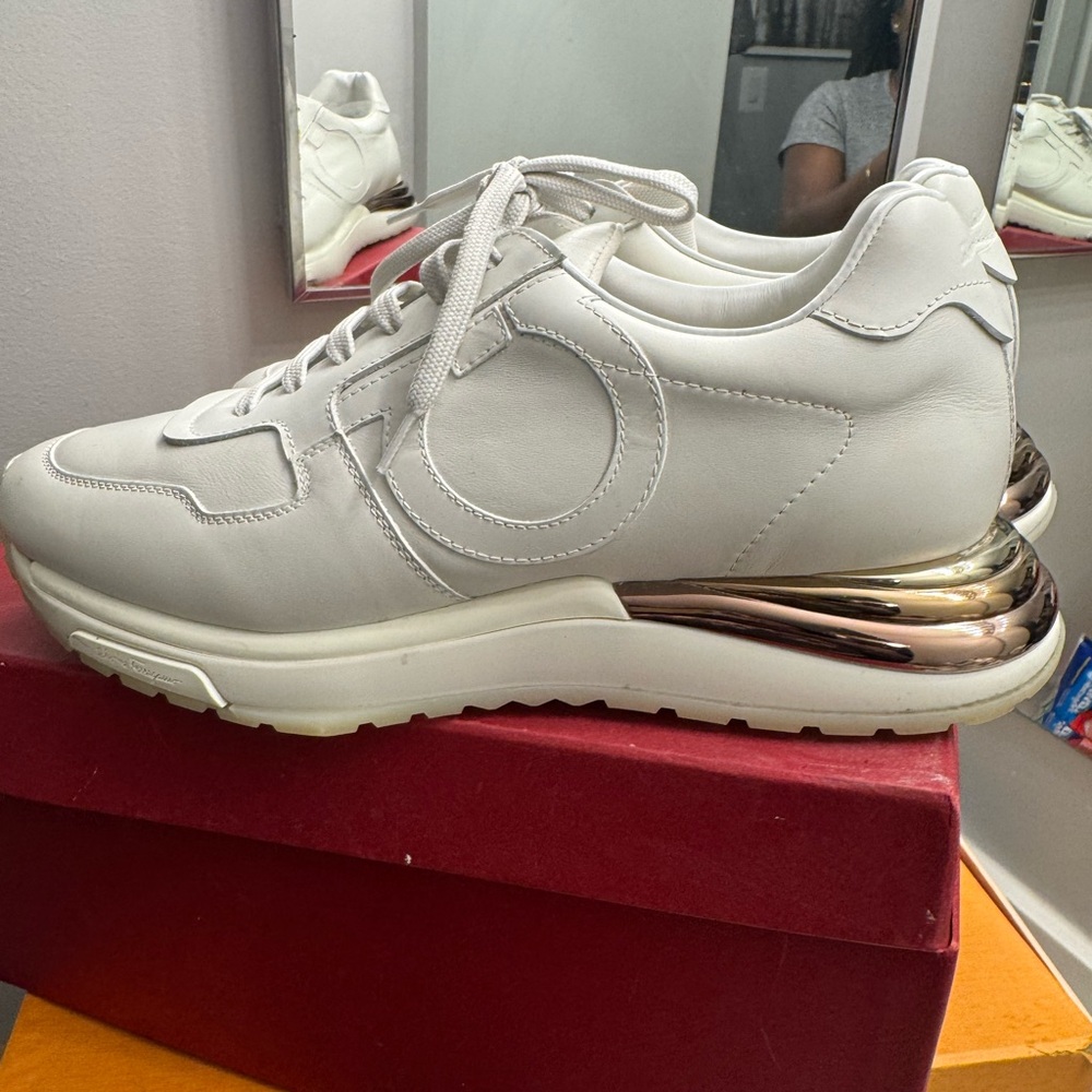 Ferragamo Women's White Sneakers with Metallic Accents